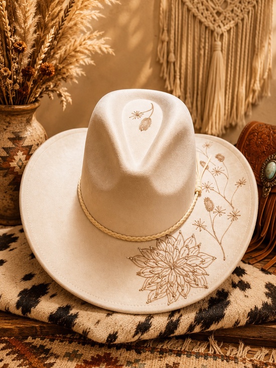Accessories - Engraved Cream Western Cowboy Hat - Women Accessories